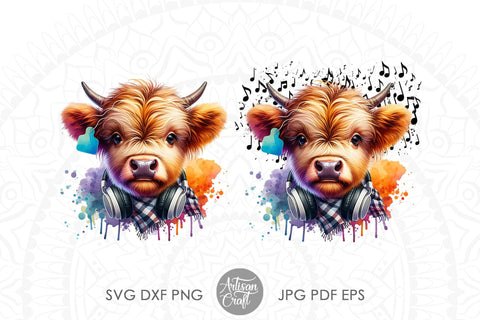 Cute highland cow wearing headphones, plaid scarf, ear tag Sublimation Artisan Craft SVG 