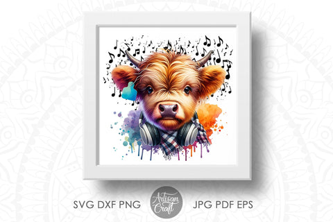 Cute highland cow wearing headphones, plaid scarf, ear tag Sublimation Artisan Craft SVG 