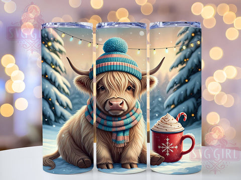 Cute Highland Cow Winter Cocoa Christmas Tumbler Wrap, Winter Cocoa, 20oz Tumbler, Sublimation Wrap, Christmas Decor, Holiday Drinkware, Cute Cow Mug Sublimation SvggirlplusArt 