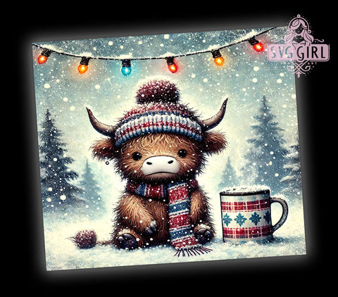 Cute Highland Cow Winter Cocoa Christmas Tumbler Wrap, Winter Cocoa, 20oz Tumbler, Sublimation Wrap, Christmas Decor, Holiday Drinkware, Cute Cow Mug Sublimation SvggirlplusArt 