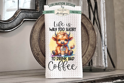 Cute Highland Cows with Iced Coffee - Sublimation Kitchen Towel PNG Sublimation Ewe-N-Me Designs 