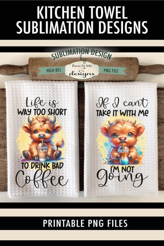 Cute Highland Cows with Iced Coffee - Sublimation Kitchen Towel PNG Sublimation Ewe-N-Me Designs 