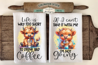 Cute Highland Cows with Iced Coffee - Sublimation Kitchen Towel PNG Sublimation Ewe-N-Me Designs 