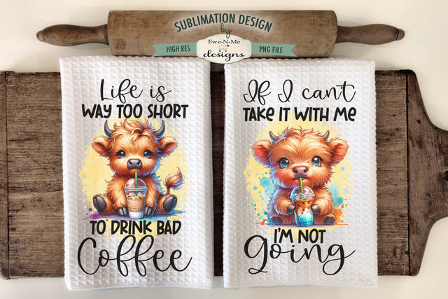 Cute Highland Cows with Iced Coffee - Sublimation Kitchen Towel PNG Sublimation Ewe-N-Me Designs 