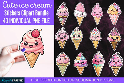 Cute ice cream Sticker Clipart Bundle Sublimation Regulrcrative 