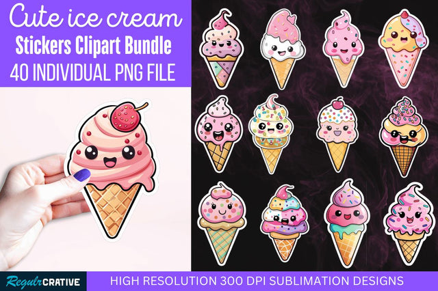 Cute ice cream Sticker Clipart Bundle Sublimation Regulrcrative 