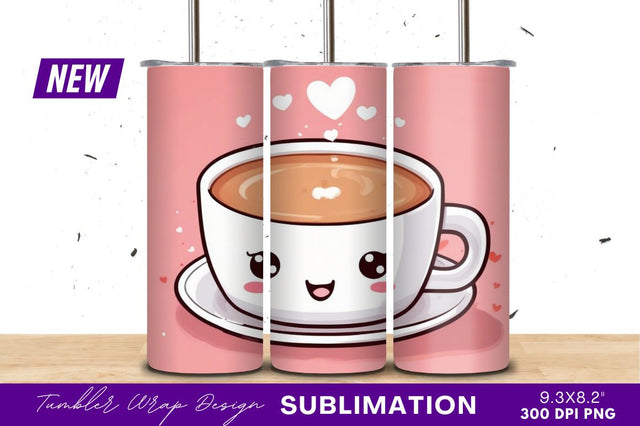 Cute kawaii coffee cup with hearts tumbler png Sublimation Regulrcrative 