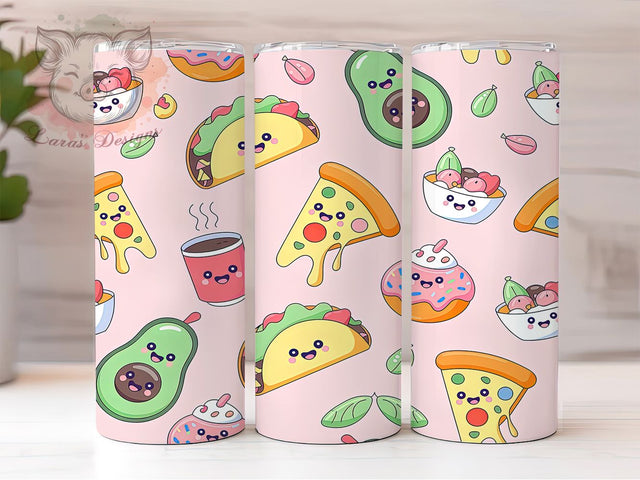Cute Kawaii Food Tumbler, Cute Pizza Donut Avocado Pattern, Funny Food Design, 20Oz Sublimation Wrap, Adorable Snack Art, Cartoon Food Texture, Tumbler Sublimation Sublimation Lara' s Designs 
