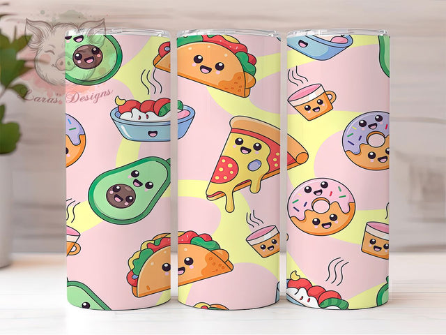 Cute Kawaii Food Tumbler, Cute Pizza Donut Avocado Pattern, Funny Food Design, 20Oz Sublimation Wrap, Adorable Snack Art, Cartoon Food Texture, Tumbler Sublimation Sublimation Lara' s Designs 