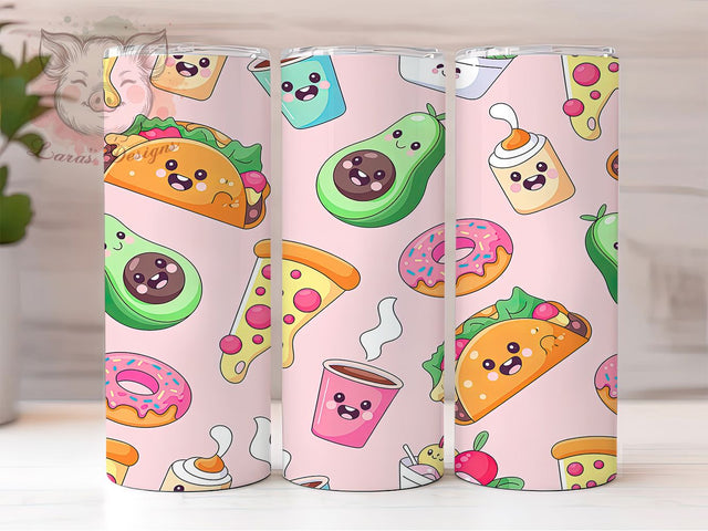 Cute Kawaii Food Tumbler, Cute Pizza Donut Avocado Pattern, Funny Food Design, 20Oz Sublimation Wrap, Adorable Snack Art, Cartoon Food Texture, Tumbler Sublimation Sublimation Lara' s Designs 