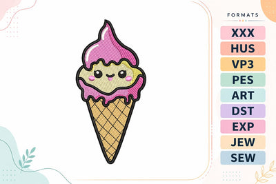 Cute Kawaii Ice Cream Embroidery Design - Smiling Pink Ice Cream Cone Embroidery/Applique DESIGNS sg embroidery 