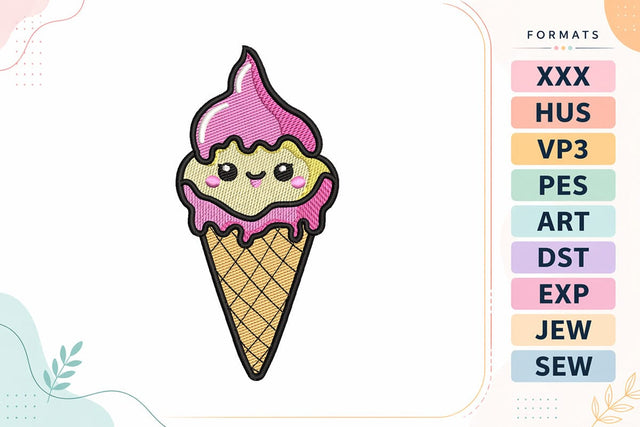 Cute Kawaii Ice Cream Embroidery Design - Smiling Pink Ice Cream Cone Embroidery/Applique DESIGNS sg embroidery 