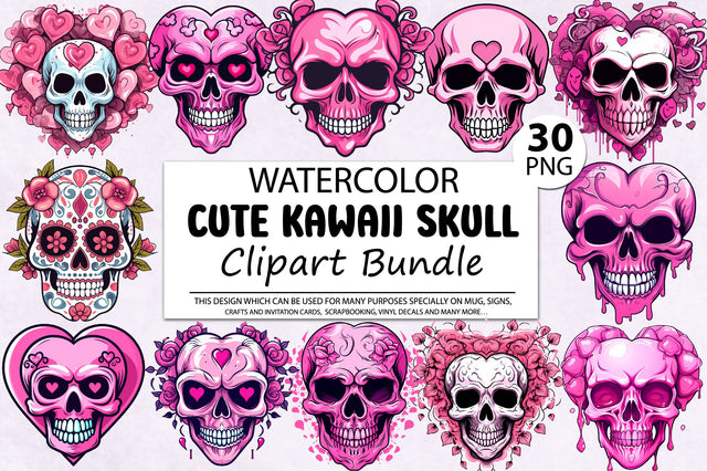 Cute Kawaii Skull Clipart Bundle Sublimation Regulrcrative 