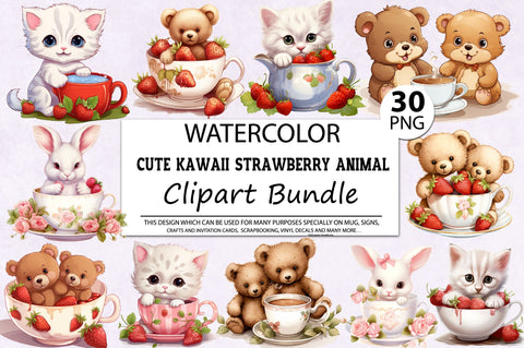 Cute Kawaii Strawberry Animal Clipart Bundle Sublimation Regulrcrative 