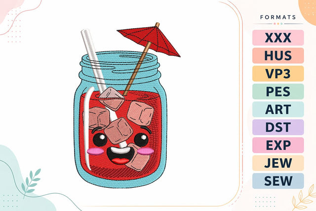 Cute Kawaii Summer Drink Embroidery Design - Smiling Mason Jar Beverage Embroidery/Applique DESIGNS sg embroidery 