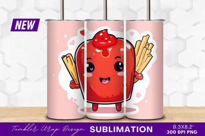 Cute ketchup character holding french fries tumbler png Sublimation Regulrcrative 