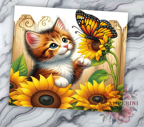 Cute Kitten 20 oz Skinny Tumbler Sublimation Design, Straight & Tapered Tumbler Png, Country Cat Sunflowers Tumbler Png, Digital Download PNG Sublimation Li Zamperini 