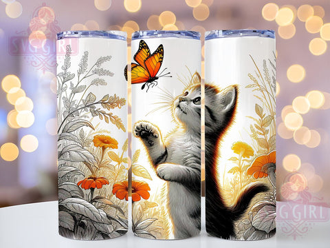 Cute Kitten 20oz Tumbler Wrap Sublimation Design, Straight Tapered Tumbler Wrap, Cat Butterfly Tumbler Png, Instant Digital Download Sublimation SvggirlplusArt 
