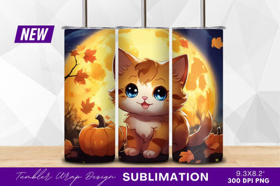 Cute kitten autumn moon pumpkin tumbler png Sublimation Regulrcrative 