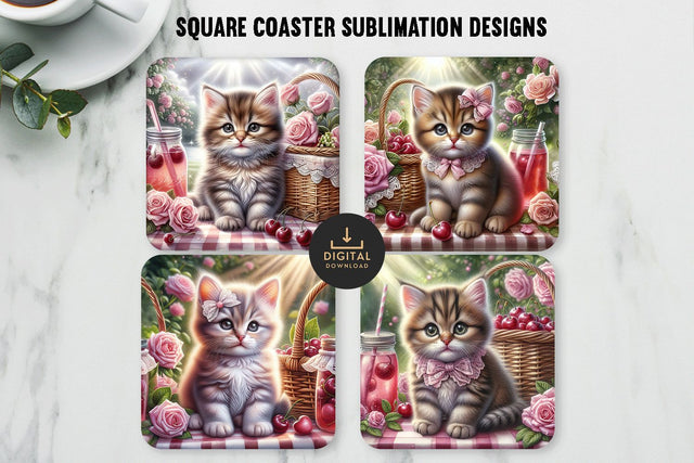 Cute Kitten Coaster PNG Bundle | Floral Sublimation Set Sublimation BijouBay 