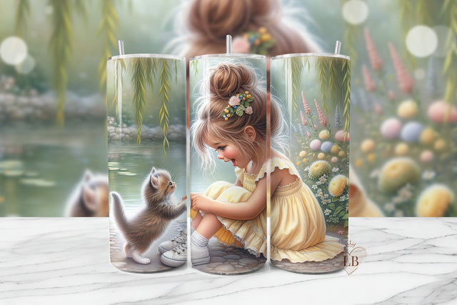 Cute Kitten & Girl Skinny Tumbler Wrap PNG Sublimation BijouBay 