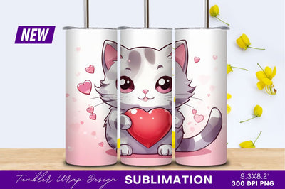 Cute kitten holding red heart tumbler png Sublimation Regulrcrative 