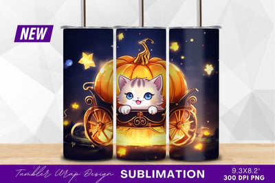 Cute kitten in pumpkin carriage at night Sublimation Regulrcrative 
