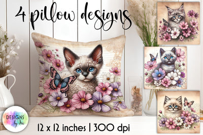 Cute Kitten with Elegant Cosmos Flowers, Vintage Illustration Sublimation Designs by Ira 