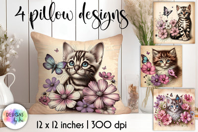 Cute Kitten with Elegant Cosmos Flowers, Vintage Illustration Sublimation Designs by Ira 