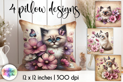 Cute Kitten with Elegant Flowers, Vintage Illustration Sublimation Designs by Ira 