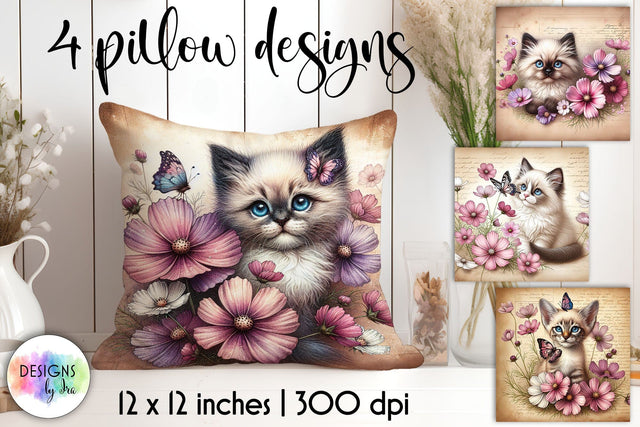 Cute Kitten with Elegant Flowers, Vintage Illustration Sublimation Designs by Ira 