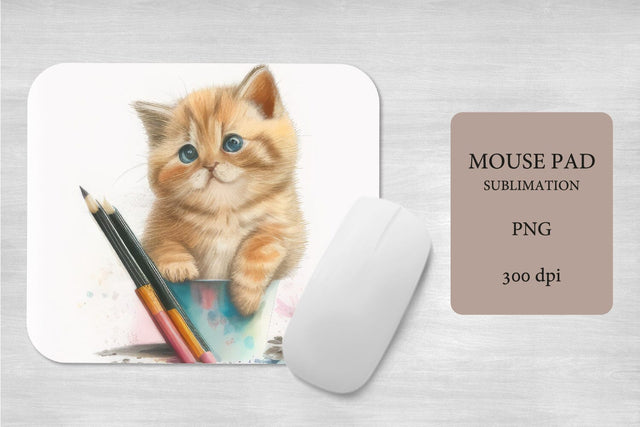Cute Kitten with Pencil Mouse Pad Sublimation Design PNG SVG Olga Terlyanskaya 