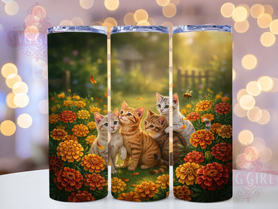 Cute Kittens Sunlit Garden 20oz Tumbler, Fluffy Cats, Expressive Eyes, Marigold Flowers, Sunlit Garden, Skinny Tumbler, Sublimation PNG Sublimation SvggirlplusArt 