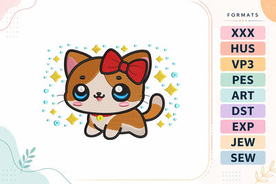 Cute Kitty with Bow Embroidery Design - Kawaii Cat Embroidery/Applique DESIGNS sg embroidery 