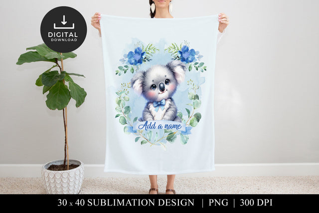 Cute Koala Blanket Design, Blue Floral Nursery Sublimation Sublimation BijouBay 