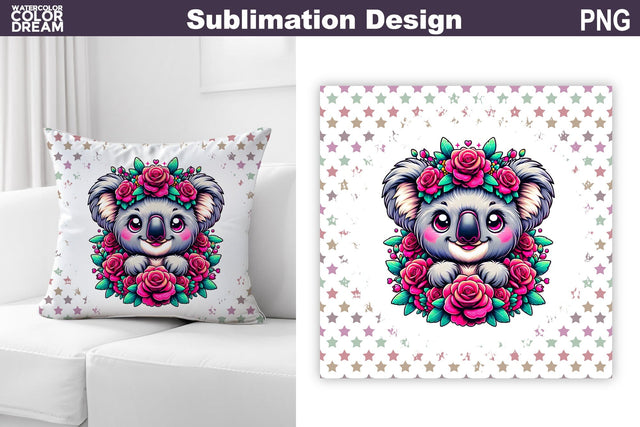 Cute Koala Floral Pillow Design | Baby Koala Roses Sublimation Sublimation WatercolorColorDream 