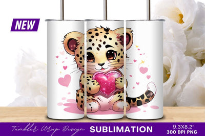 Cute leopard cub holding heart tumbler png Sublimation Regulrcrative 