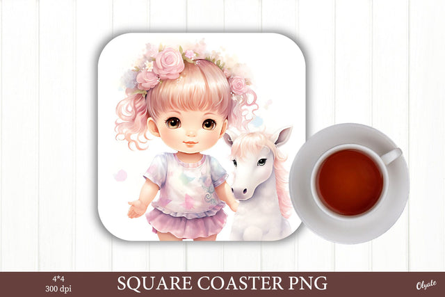 Cute Little Girl with White Horse PNG. Coaster Design PNG Sublimation Olga Terlyanskaya 