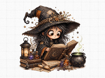 Cute Little Witch Reading Book PNG SVG artprintfile 