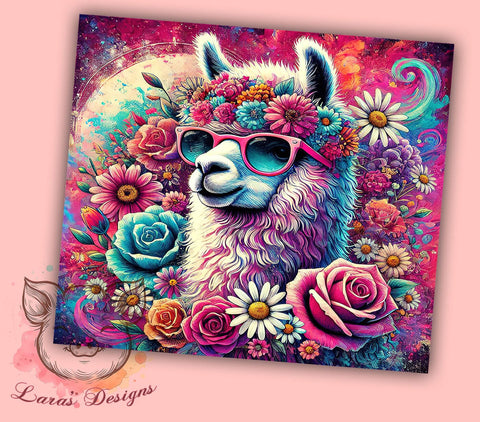 Cute Llama 3D Floral Whimsical Tumbler, 3D Floral Design Tumbler, 20oz Sublimation Wrap, Animal Print Drinkware, Floral Llama Cup, Whimsical Llama Gift, Colorful Llama Tumblers Sublimation Lara' s Designs 