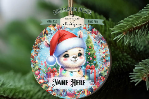 Cute Llama Christmas Ornament Designs PNG File | Add Name Sublimation Ewe-N-Me Designs 