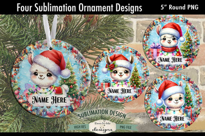 Cute Llama Christmas Ornament Designs PNG File | Add Name Sublimation Ewe-N-Me Designs 