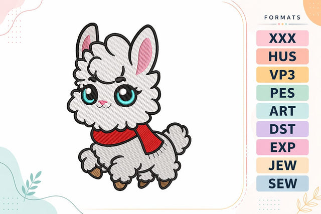 Cute Llama Embroidery Design - Kawaii Alpaca with Scarf Embroidery/Applique DESIGNS sg embroidery 