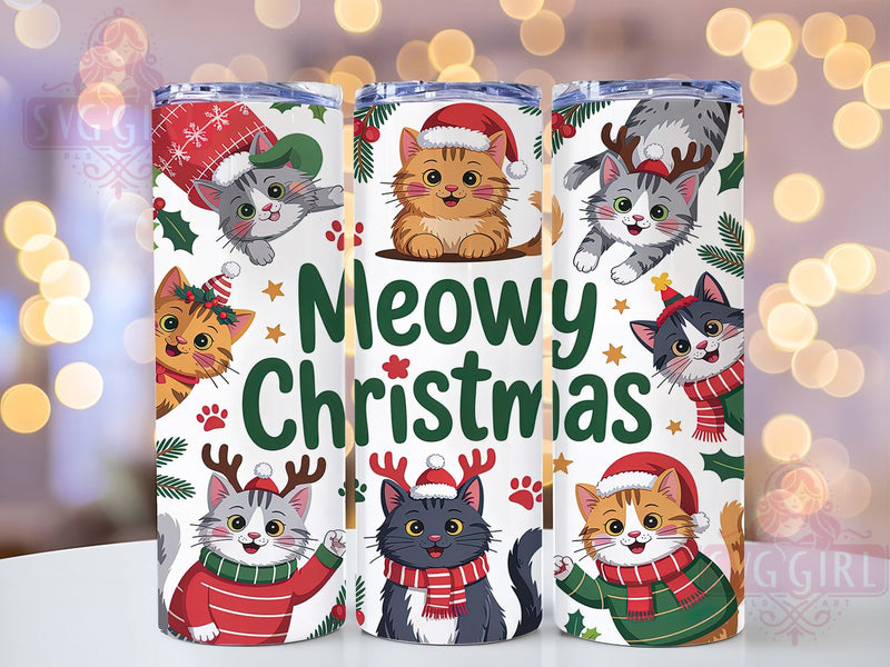 Cute Meowy Christmas Cat Tumbler, Meowy Christmas Sublimation Design, Festive Cat Art, 20oz Holiday Tumbler, Whimsical Cat Mug, Stylish Christmas Cup, Cozy Cat Wrap Sublimation SvggirlplusArt 