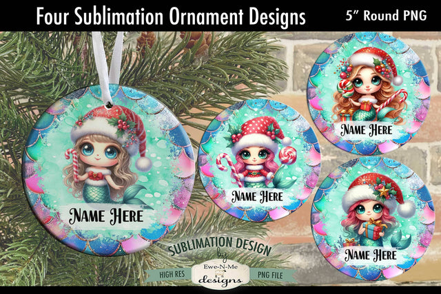 Cute Mermaid Christmas Ornament Designs PNG File | Add Name Sublimation Ewe-N-Me Designs 