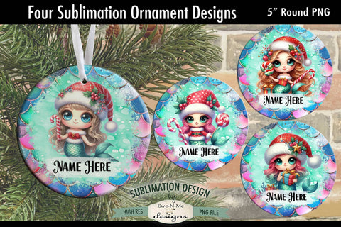 Cute Mermaid Christmas Ornament Designs PNG File | Add Name Sublimation Ewe-N-Me Designs 