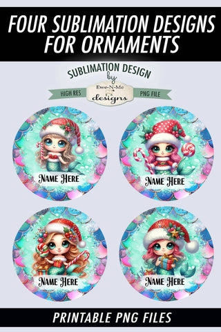 Cute Mermaid Christmas Ornament Designs PNG File | Add Name Sublimation Ewe-N-Me Designs 