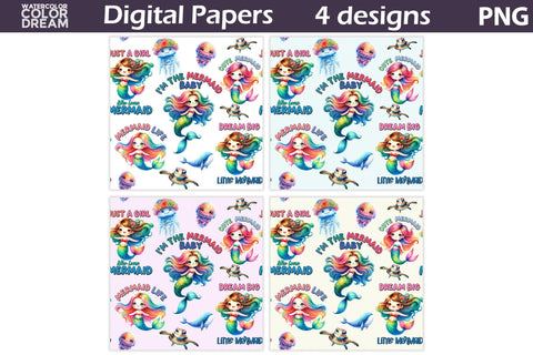 Cute Mermaid Digital Paper | Mermaid Seamless Pattern Digital Pattern WatercolorColorDream 