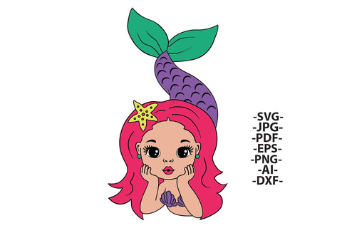 Cute Mermaid Girl Clipart with Pink Hair and Purple Tail in SVG PNG JPG PDF DXF AI EPS Formats for Birthday Party Sublimation and Cricut Crafts SVG 1uniqueminute 