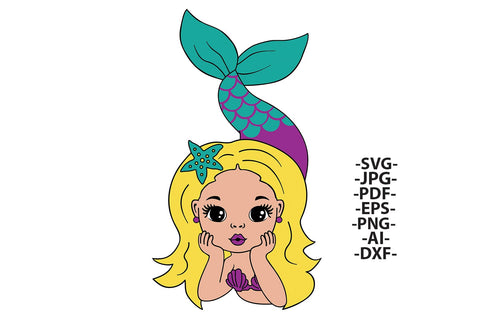 Cute Mermaid Girl SVG Clipart | Blonde Mermaid with Shells and Starfish | Under the Sea Cricut Files for Kids Projects SVG 1uniqueminute 